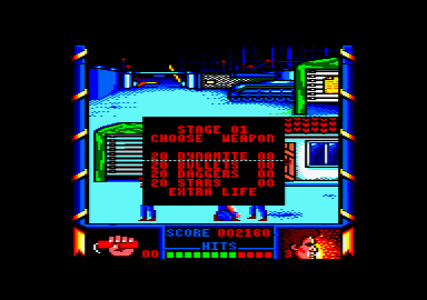 Shanghai Warriors (Amstrad CPC) screenshot: You can pickup weapons to use.
