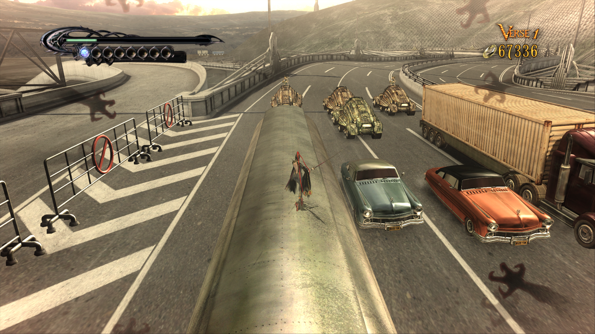 Bayonetta (Windows) screenshot: Fighting on traffic accompanied by music from <i>OutRun</i>