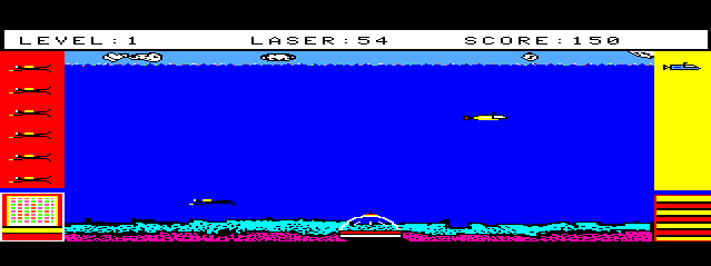 Frogday Afternoon (TRS-80 CoCo) screenshot: One Submarine Destroyed