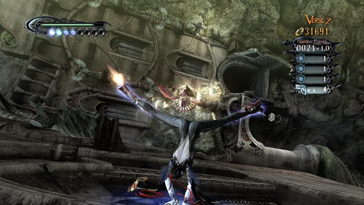 Bayonetta (Windows) screenshot: What a weird idea to have guns attached to feet