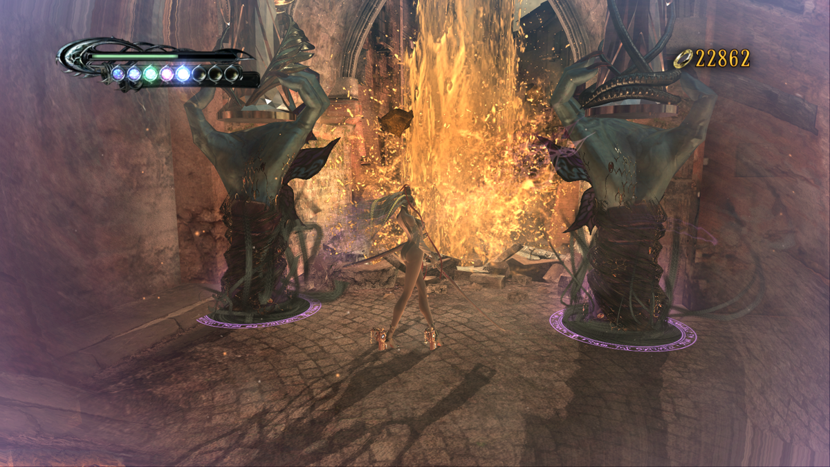 Bayonetta (Windows) screenshot: You need to become real fast to get through this fire wall