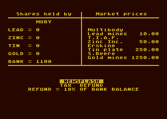 Stockmarket (Atari 8-bit) screenshot: Newsflash