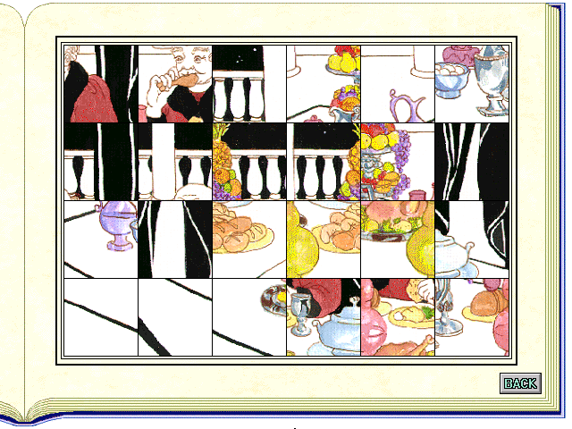 Beauty and the Beast (Windows 3.x) screenshot: The puzzle section has four scrambles pictures to assemble