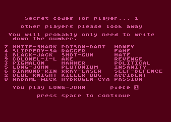 Detective (Atari 8-bit) screenshot: Secret Codes