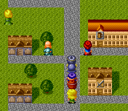 Kōryu Densetsu Villgust: Kieta Shōjo (SNES) screenshot: In a town. The characters are bigger than the houses :)