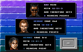 No Second Prize (Amiga) screenshot: List of race winners.