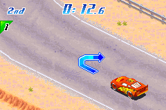 Disney•Pixar Cars (Game Boy Advance) screenshot: A sharp turn is coming up
