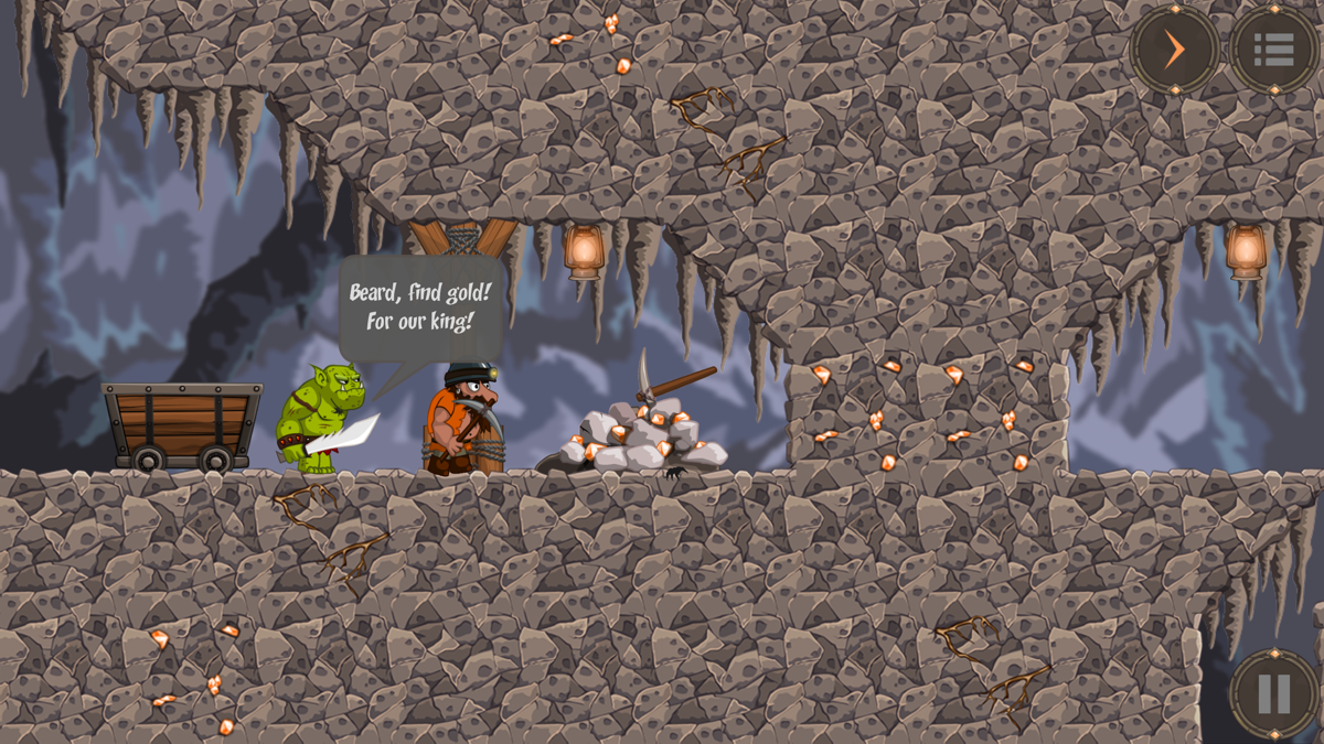 Dwarflings (Windows) screenshot: Intro scene with an orc forces the dwarf to mine gold