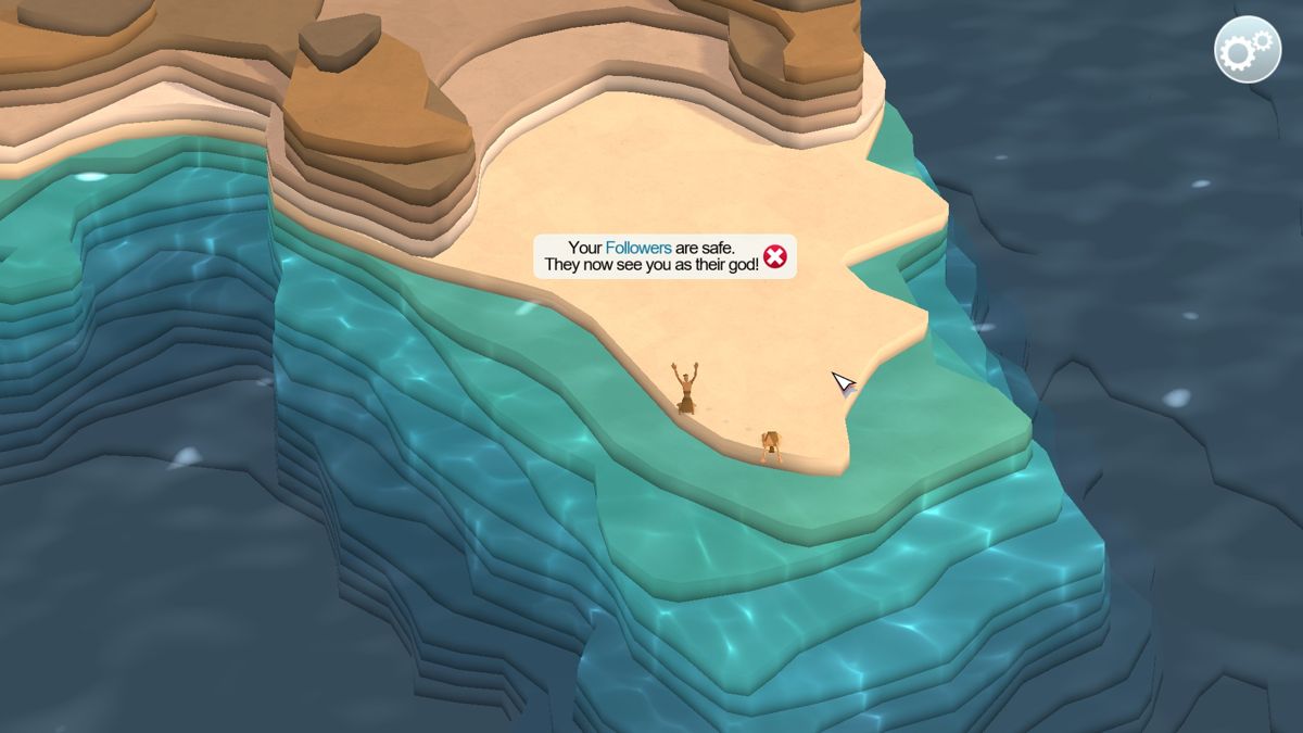 Godus (Windows) screenshot: You start the game by saving some people from drowning. They start worshipping you and become your first followers.