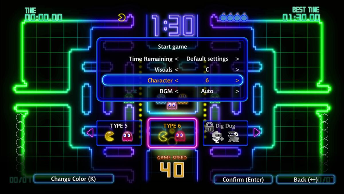 Pac-Man: Championship Edition DX (Windows) screenshot: The game allows for some customisation of its appearance including which characters to use