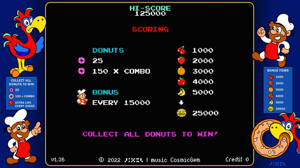 Donut Dodo (Windows) screenshot: A list of the items that'll give you bonus points in the game.