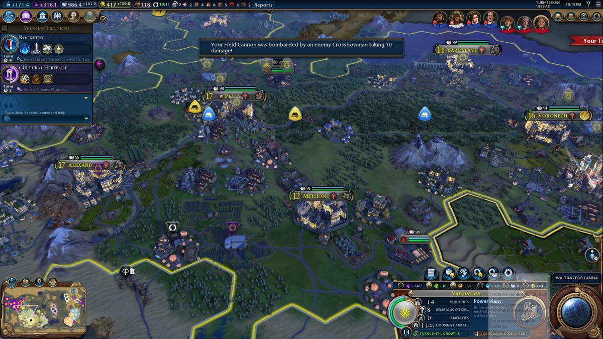 Sid Meier's Civilization VI (Windows) screenshot: Civ VI has night/day cycles with your cities all lit up at night