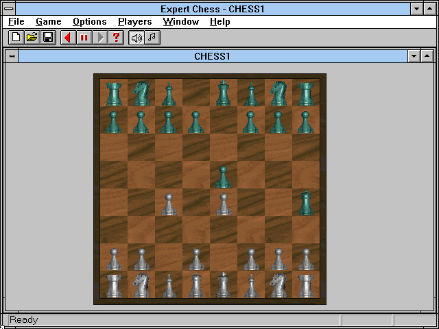 Expert Chess (Windows 16-bit) screenshot: The same match in classic view