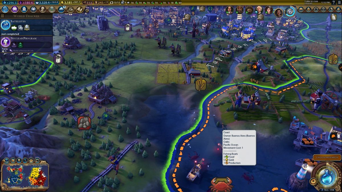 Sid Meier's Civilization VI: Gathering Storm (Windows) screenshot: If climate change gets really serious, you'll start losing land to the sea. Here is a tile that used to have a railroad running through it. It's now underwater.