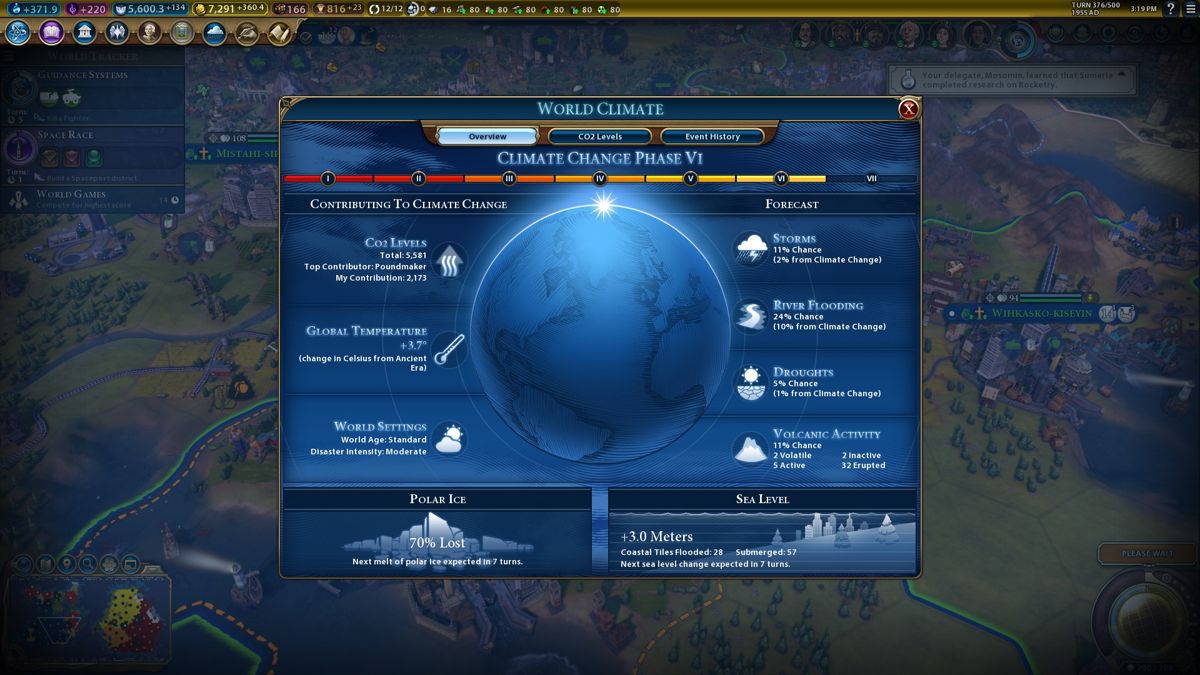 Sid Meier's Civilization VI: Gathering Storm (Windows) screenshot: If the global temperature keeps rising you'll see a lot more severe natural disasters and sea level rise