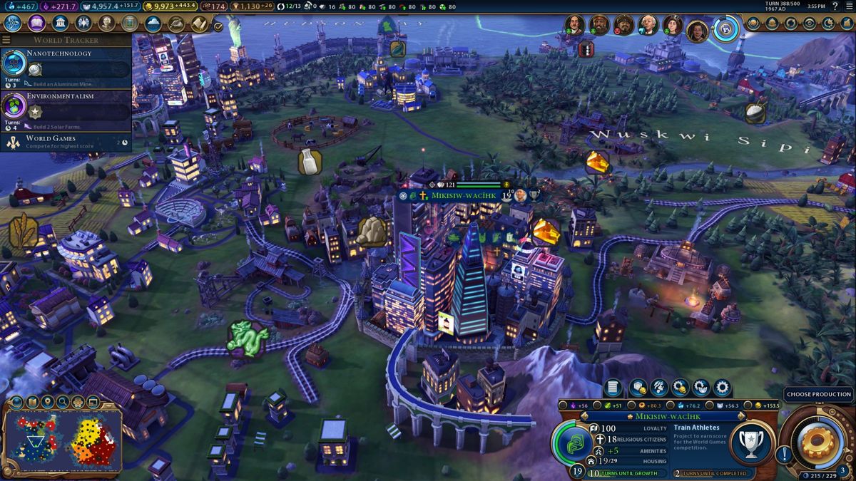 Sid Meier's Civilization VI: Gathering Storm (Windows) screenshot: Buildings adopt a cyberpunk feel to them in the Information Age