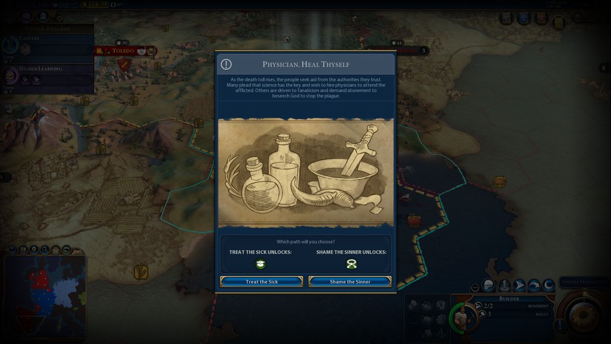 Sid Meier's Civilization VI: Gathering Storm (Windows) screenshot: You will receive ethical dilemmas during the Black Death scenario which will unlock different ways to combat the Plague.