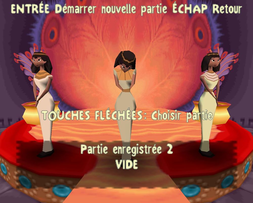 Disney's The Emperor's New Groove (Windows) screenshot: I think these delightful ladies represent three game slots.<br>The text reads"Enter to start a game, ESC to return" and "Use the arrows to select a game"