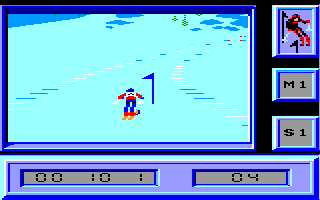 Downhill Challenge (Amstrad CPC) screenshot: Performing the Slalom during Competition...