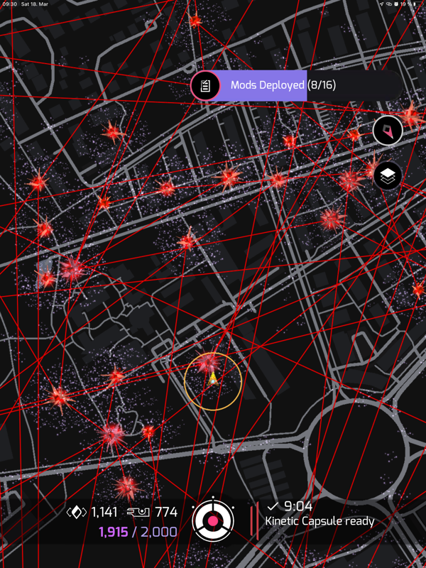 Ingress Prime (iPad) screenshot: Machina links are not restricted by crosslinking rules.