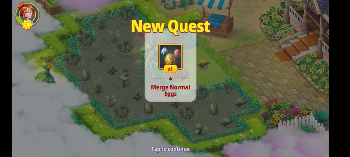 Merge Gardens (Android) screenshot: A new quest begins