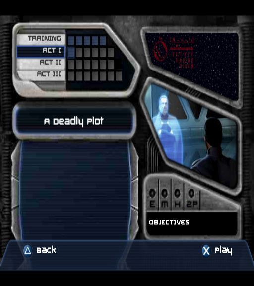 Star Wars: Jedi Starfighter (PlayStation 2) screenshot: Starting the game<br>The game is played in Story Mode and the game starts at Act I. There are five optional training missions and these must be manually selected