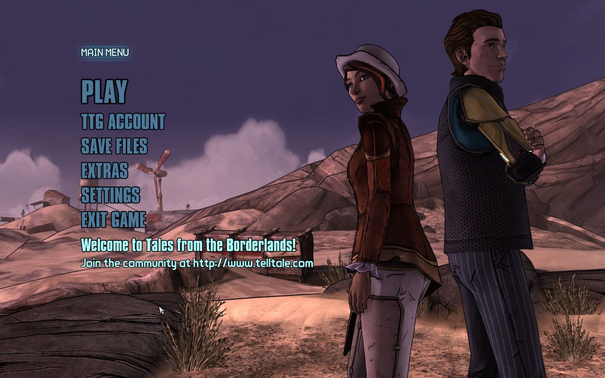 Tales from the Borderlands (Windows) screenshot: Main menu screen featuring the two main characters in the game: Rhys and Fiona. You will get to control them at various parts of the game.