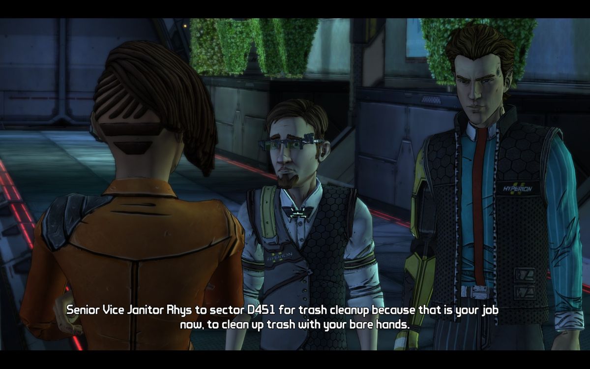 Tales from the Borderlands (Windows) screenshot: Rhys and Vaughn start out as employees for Hyperion on the Helios space station orbiting Pandora