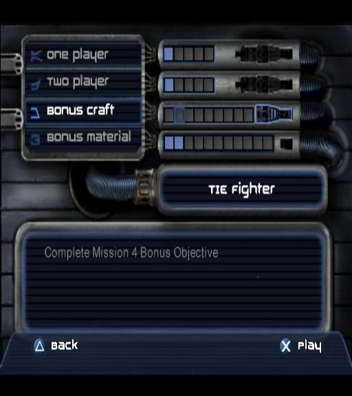 Star Wars: Jedi Starfighter (PlayStation 2) screenshot: The bonus features<br>The player unlocks other craft as they progress<br>The bonus material available at the start are trailers for Bounty Hunter and Racer Revenge