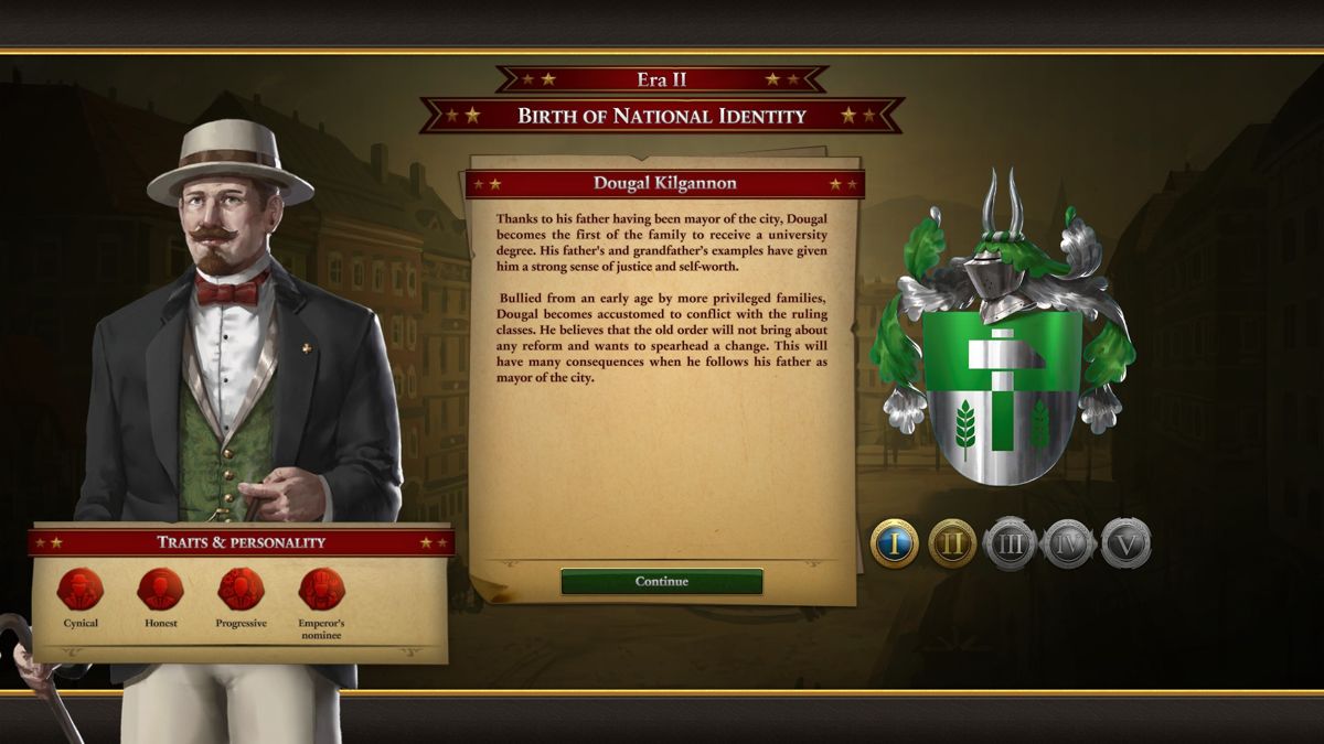 Urban Empire (Windows) screenshot: Dougal is the successor of Connor and leads the city in Era II. Era II spans the late 19th century and ends at the beginning of the First World War.