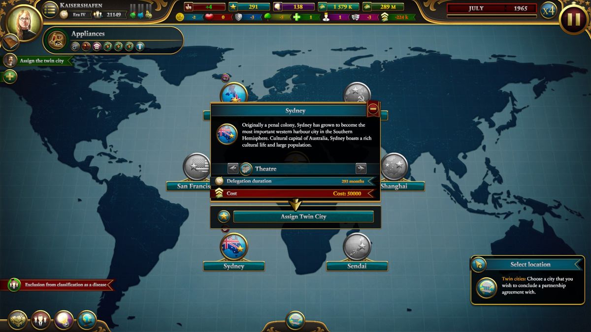 Urban Empire (Windows) screenshot: I wonder what Melbourne would have to say about Sydney being the "cultural capital of Australia"?