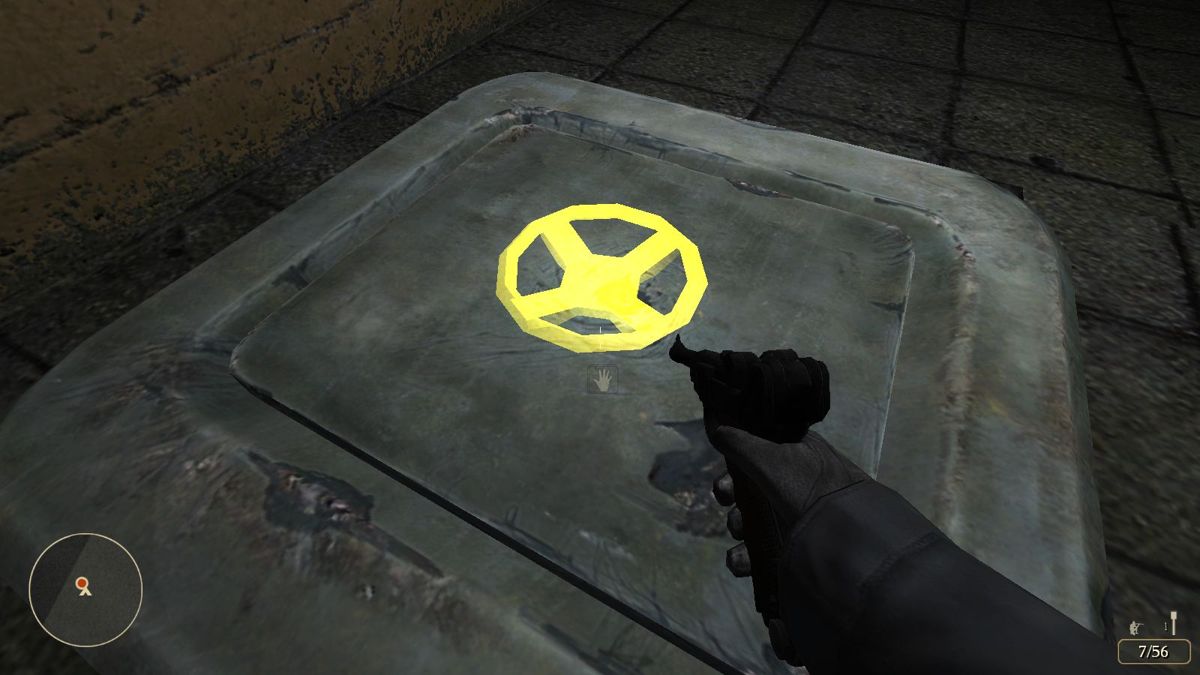 Operation Thunderstorm (Windows) screenshot: This is the end of a chapter. Through this manhole we enter the underground bunker. Most wheels like this are red, if they are yellow it means they can be turned