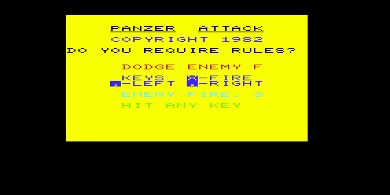 Panzer Attack (VIC-20) screenshot: Title Screen with Instructions