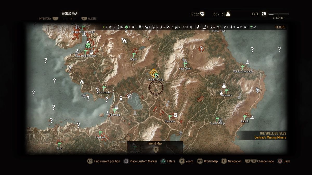 The Witcher 3: Wild Hunt - New Quest: "Contract: Missing Miners" (PlayStation 4) screenshot: Miners' camp marked at the world map