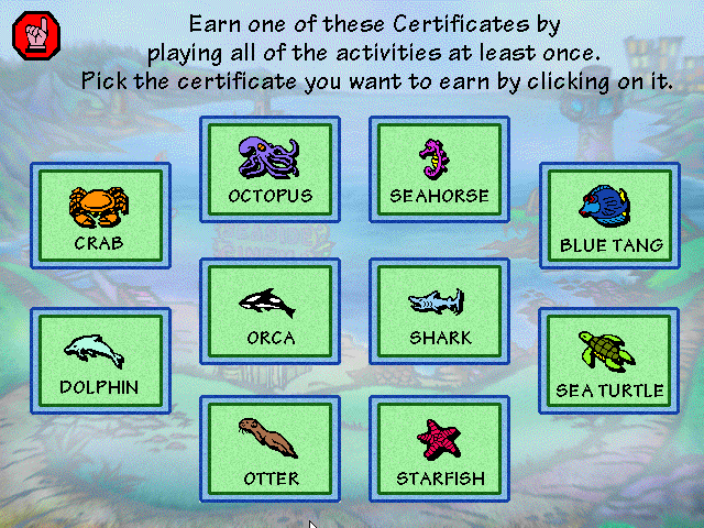 Free Willy: Activity Center (Windows 3.x) screenshot: Choosing what badge we'd like to earn