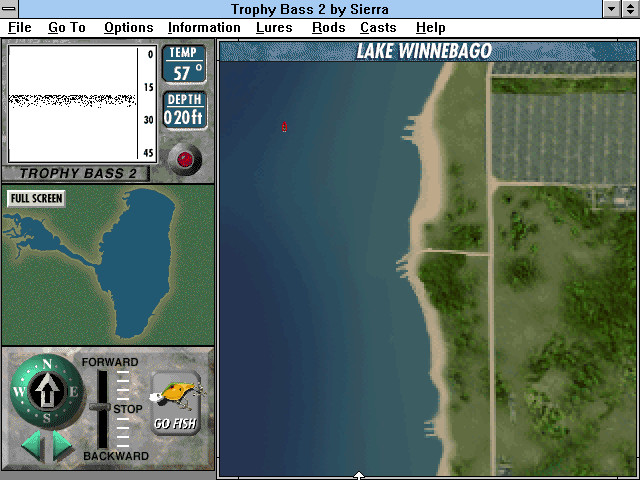 Front Page Sports: Trophy Bass 2 - Northern Lakes (Windows 16-bit) screenshot: Lake Winnebago in the gameplay overhead map
