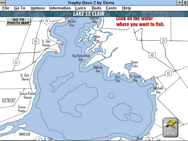 Front Page Sports: Trophy Bass 2 - Northern Lakes (Windows 16-bit) screenshot: Lake St. Clair