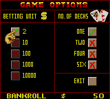 Poker Face Paul's Blackjack (Game Gear) screenshot: Game Options