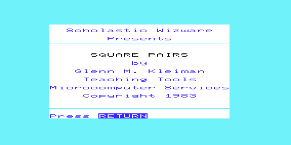 Square Pairs (VIC-20) screenshot: Title Screen
