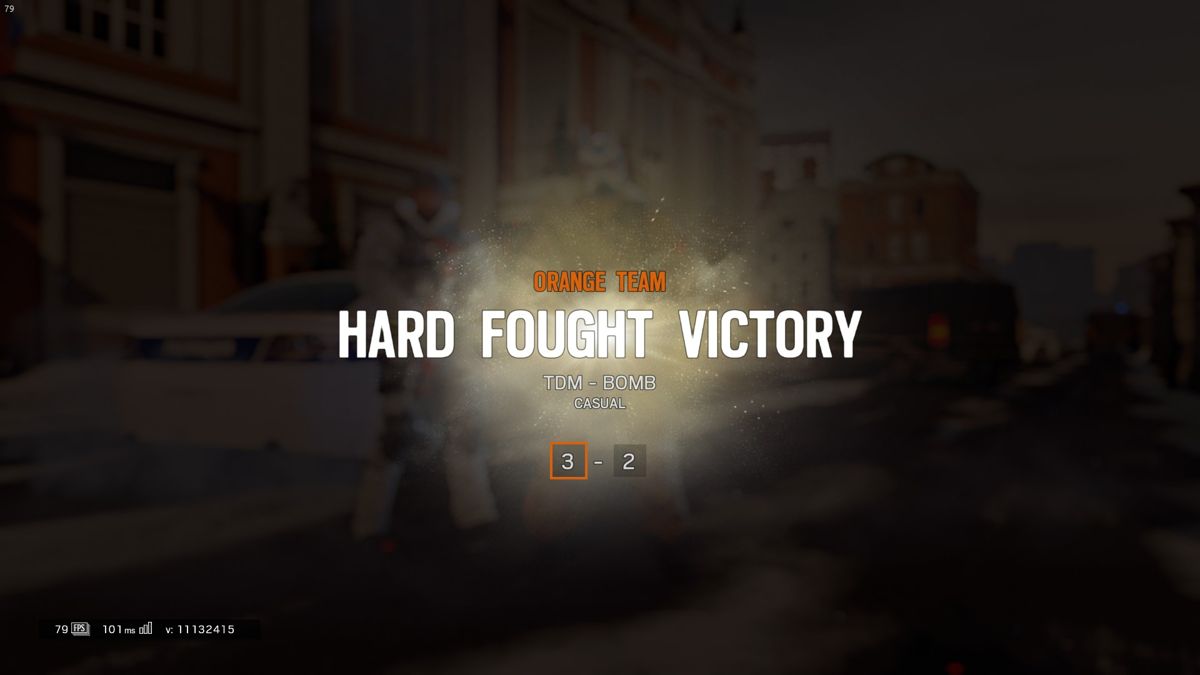 Tom Clancy's Rainbow Six: Siege (Windows) screenshot: Siege will have different victory text depending on what happened during the match. In this match, the lead see-sawed between both sides, hence the "Hard Fought Victory"
