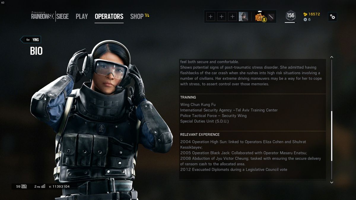 Tom Clancy's Rainbow Six: Siege (Windows) screenshot: Operators all have their own backstories. This one knows Wing Chun Kung Fu!