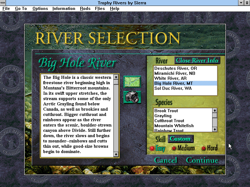 Front Page Sports: Trophy Rivers (Windows 3.x) screenshot: Choosing where to fish