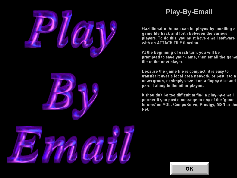 Gazillionaire Deluxe (Windows 3.x) screenshot: Setting up a play-by-email match