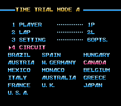 Al Unser Jr. Turbo Racing (NES) screenshot: Selecting trial mode settings
