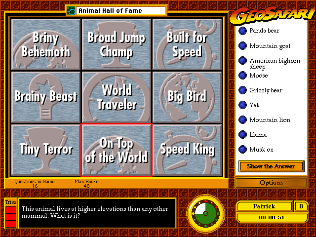 GeoSafari: Animals (Windows 3.x) screenshot: Animal Hall of Fame: Matching records to the correct animal