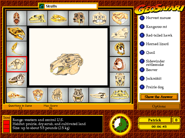 GeoSafari: Animals (Windows 16-bit) screenshot: Skulls: Matching skulls to the correct animal