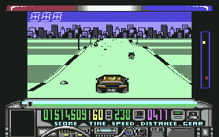Chase H.Q. (Commodore 64) screenshot: Watch out for rocks and plants on the road