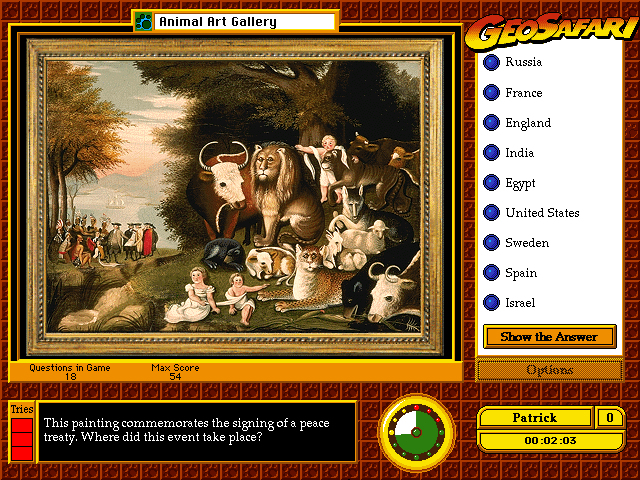 GeoSafari: Animals (Windows 16-bit) screenshot: Animal Art Gallery: Answering questions about paintings with animals