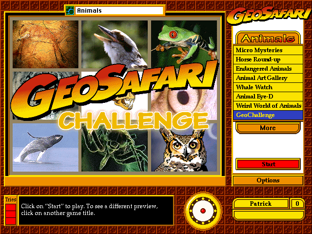 GeoSafari: Animals (Windows 16-bit) screenshot: GeoChallenge: a random set of challenges created from the other games