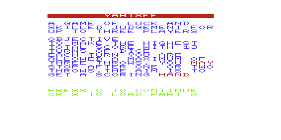 Yahtsee (VIC-20) screenshot: Instructions